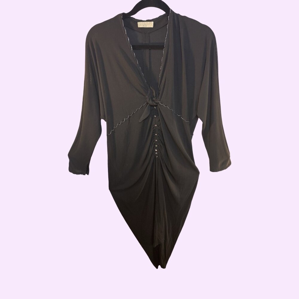 Carol Peretz Crystal 90's Couture Low V-neck Hematite Beaded Black Gown